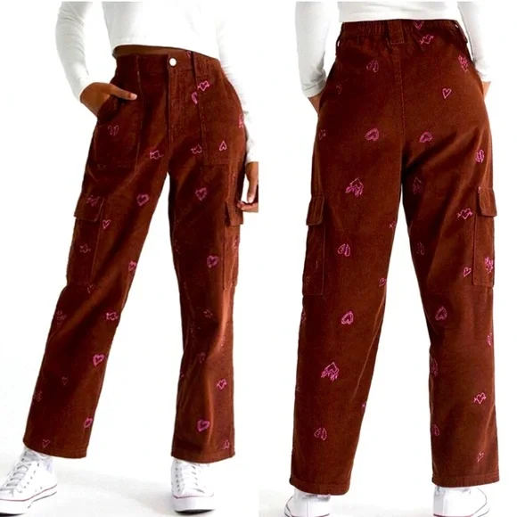 PacSun Brown Cargo Pants with Pink Heart Accents - Picture 1 of 10